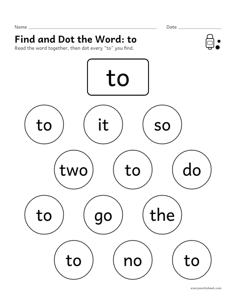 Preview of the printable “Find and dot the Word: to” worksheet: finding the sight word to
