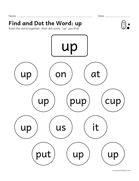 Preview of the printable “Find and dot the Word: up” worksheet: finding the sight word up