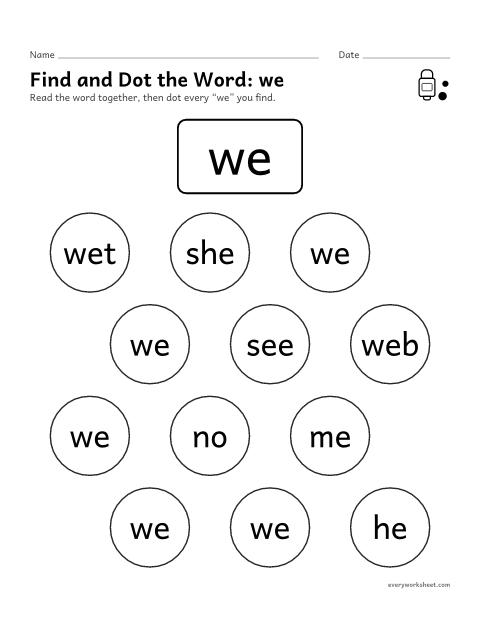 Preview of the printable “Find and dot the Word: we” worksheet: finding the sight word we