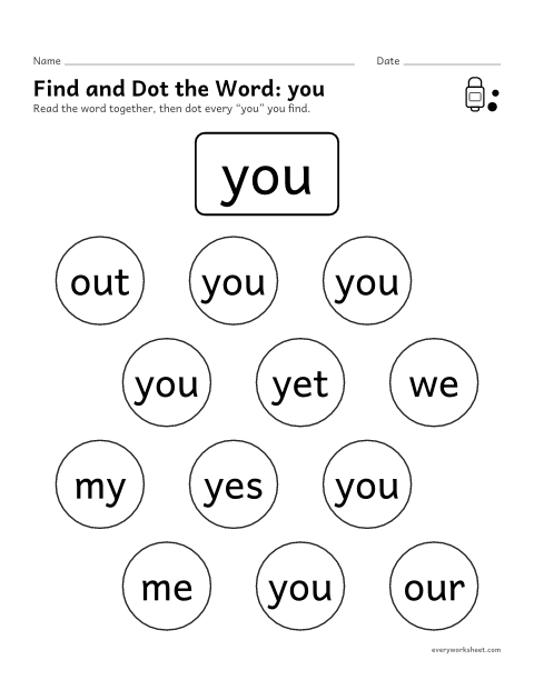 Preview of the printable “Find and dot the Word: you” worksheet: finding the sight word you