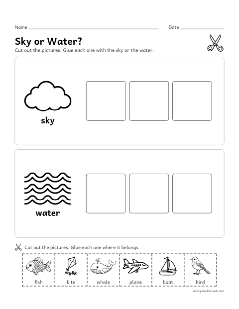 Preview of the printable “Sky or water cut and paste sort” worksheet: sorting things that go in the sky and in the water