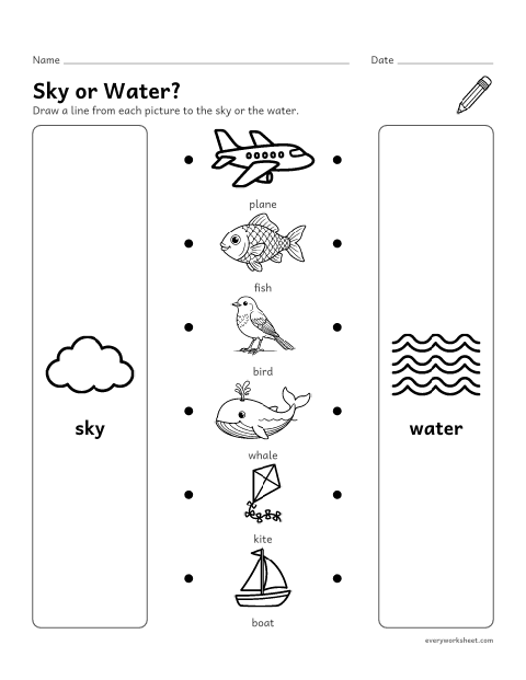 Preview of the printable “Sky or water sorting worksheet” worksheet: sorting things that go in the sky and in the water