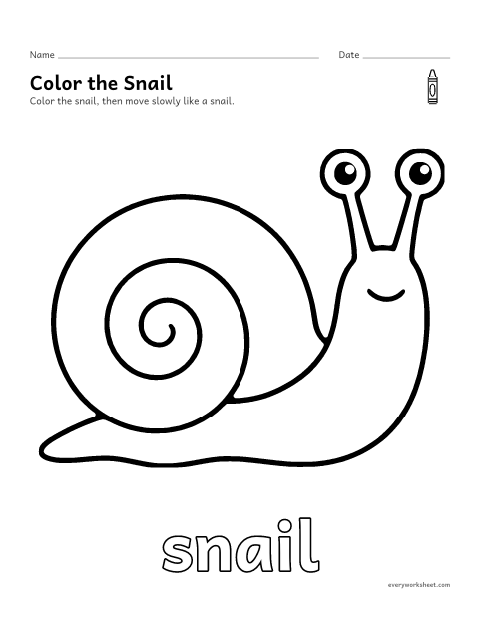 Preview of the printable “Snail coloring page” worksheet: coloring a big picture of a snail with crayons