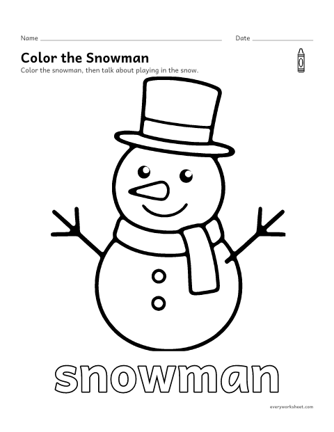 Preview of the printable “Snowman coloring page” worksheet: coloring a big picture of a snowman with crayons