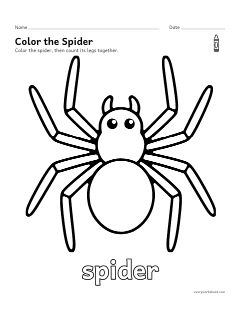 Preview of the printable “Spider coloring page” worksheet: coloring a big picture of a spider with crayons