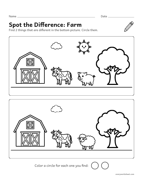Preview of the printable “Spot the Difference: farm” worksheet: finding 2 differences between two pictures