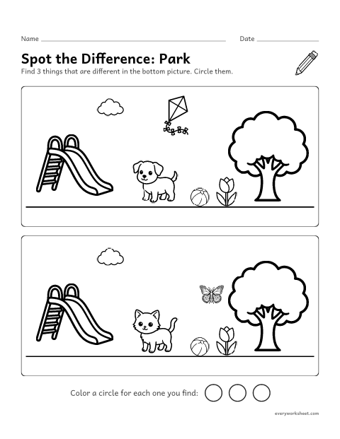 Preview of the printable “Spot the Difference: park” worksheet: finding 3 differences between two pictures