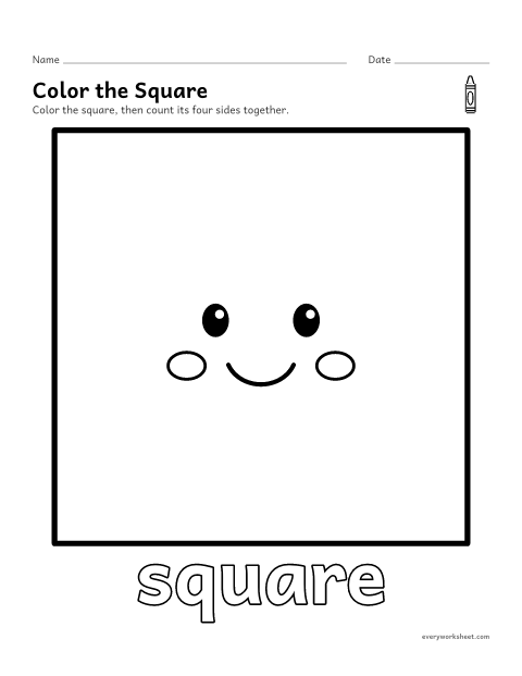 Preview of the printable “Square coloring page” worksheet: naming and coloring a square