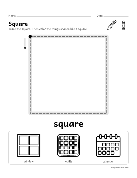 Preview of the printable “Square shape worksheet for preschool” worksheet: tracing a square and finding squares in everyday things