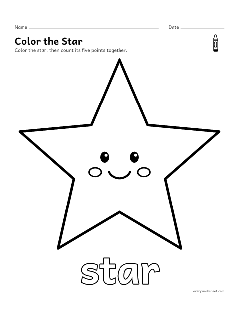 Preview of the printable “Star coloring page” worksheet: naming and coloring a star