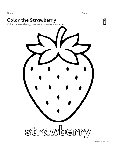 Preview of the printable “Strawberry coloring page” worksheet: coloring a big picture of a strawberry with crayons