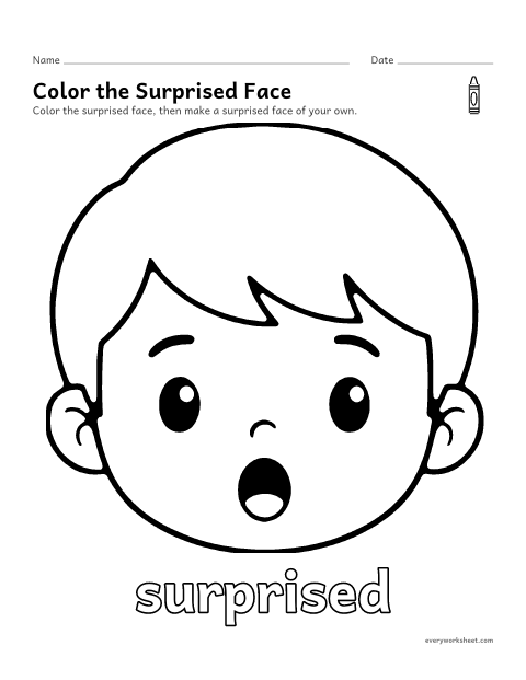 Preview of the printable “Surprised face coloring page” worksheet: naming the feeling surprised