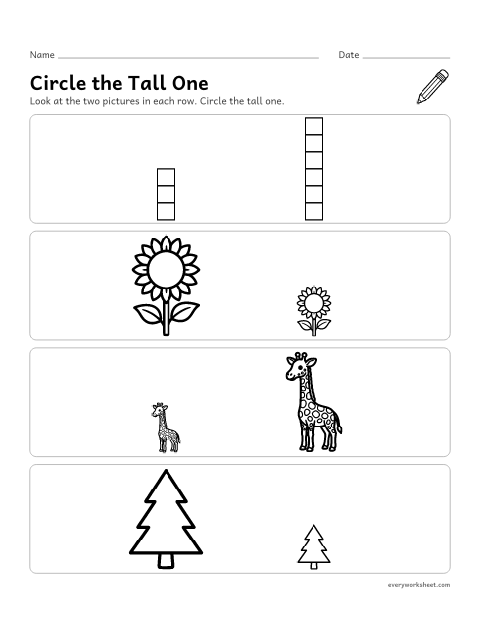Preview of the printable “Tall and short Worksheet: circle the tall one” worksheet: comparing height: tall and short