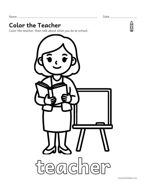 Preview of the printable “Teacher coloring page” worksheet: coloring a community helper and talking about the job
