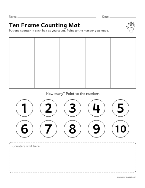 Preview of the printable “Ten frame counting mat” worksheet: showing and counting 1 to 10 with counters
