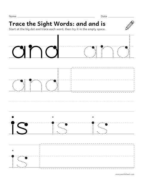 Preview of the printable “Trace the sight Words: and and is” worksheet: tracing the sight words and and is