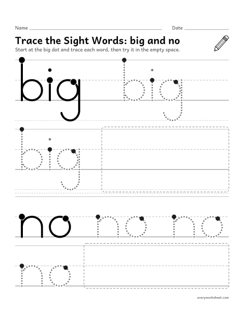 Preview of the printable “Trace the sight Words: big and no” worksheet: tracing the sight words big and no