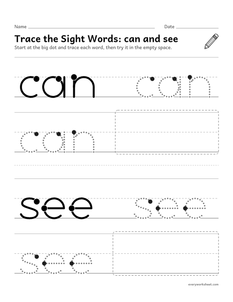 Preview of the printable “Trace the sight Words: can and see” worksheet: tracing the sight words can and see