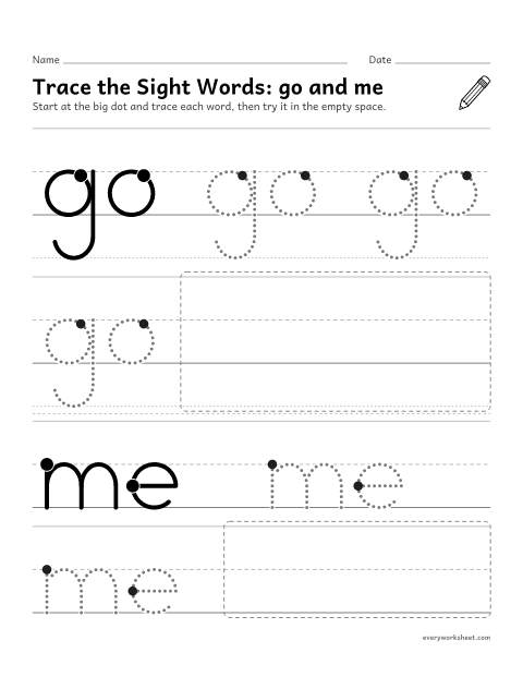 Preview of the printable “Trace the sight Words: go and me” worksheet: tracing the sight words go and me