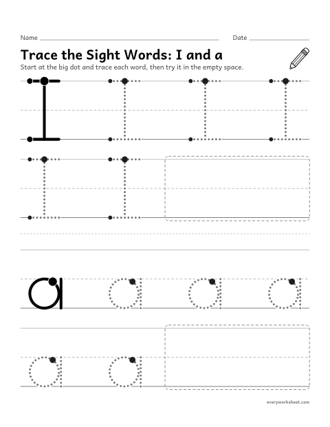 Preview of the printable “Trace the sight Words: I and a” worksheet: tracing the sight words I and a
