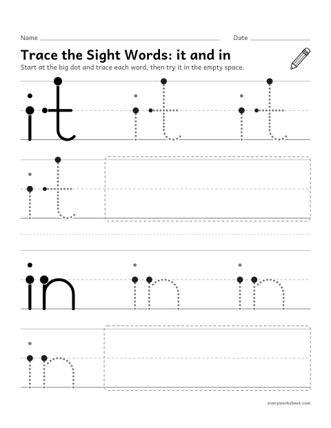Preview of the printable “Trace the sight Words: it and in” worksheet: tracing the sight words it and in