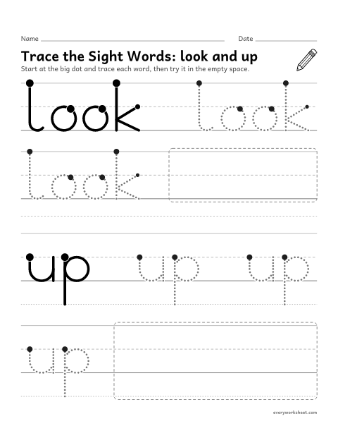 Preview of the printable “Trace the sight Words: look and up” worksheet: tracing the sight words look and up