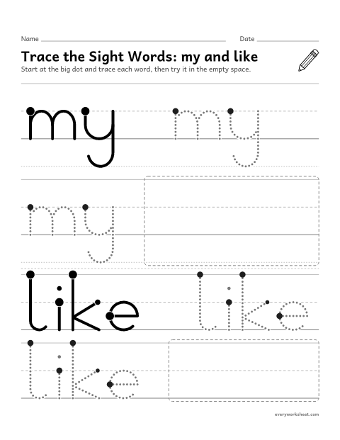 Preview of the printable “Trace the sight Words: my and like” worksheet: tracing the sight words my and like