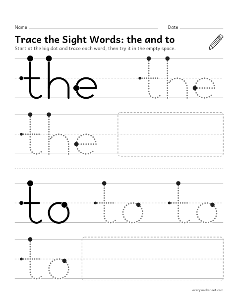 Preview of the printable “Trace the sight Words: the and to” worksheet: tracing the sight words the and to