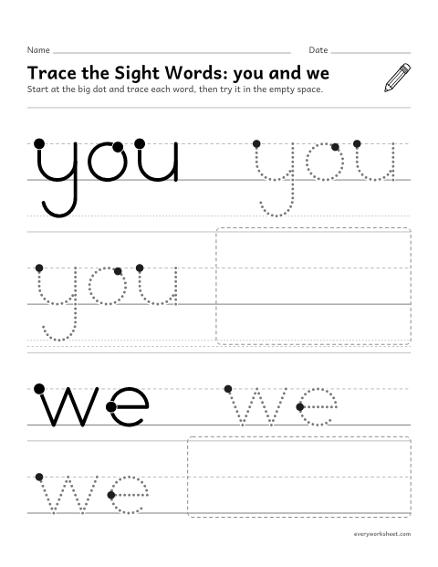 Preview of the printable “Trace the sight Words: you and we” worksheet: tracing the sight words you and we