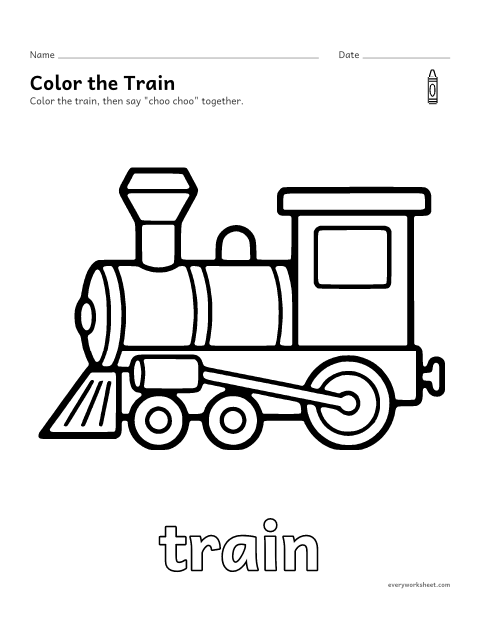 Preview of the printable “Train coloring page” worksheet: coloring a big picture of a train with crayons