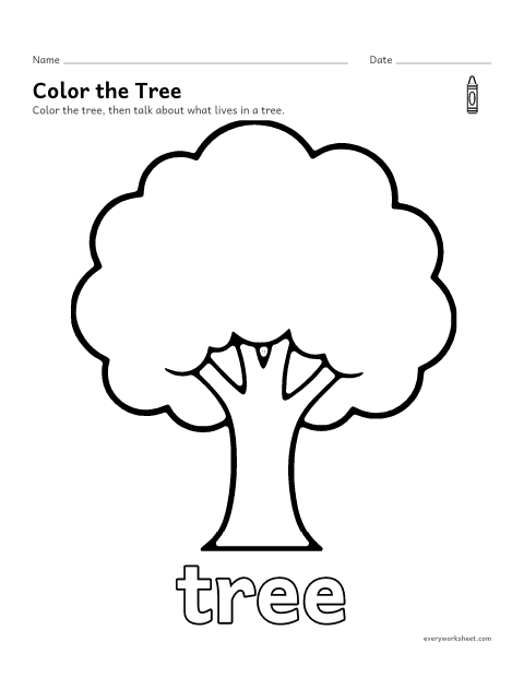 Preview of the printable “Tree coloring page” worksheet: coloring a big picture of a tree with crayons