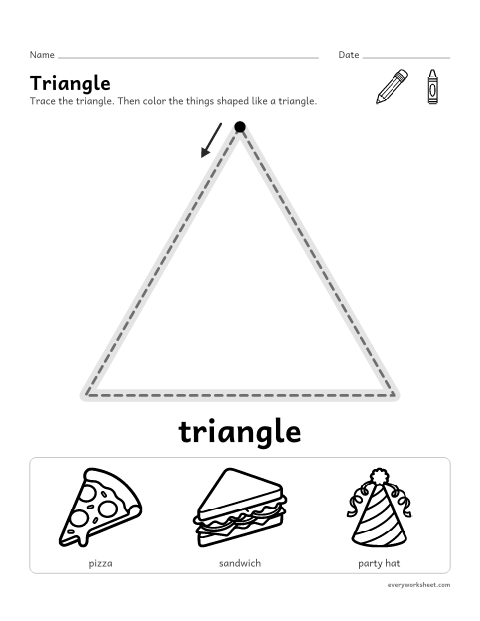 Preview of the printable “Triangle shape worksheet for preschool” worksheet: tracing a triangle and finding triangles in everyday things