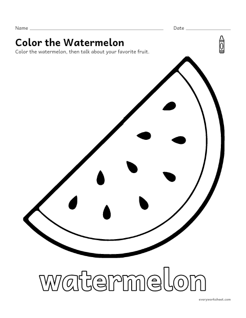 Preview of the printable “Watermelon coloring page” worksheet: coloring a big picture of a watermelon with crayons