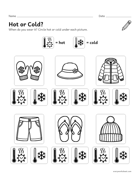 Preview of the printable “Dress for the weather worksheet for preschool” worksheet: choosing clothes for hot and cold weather