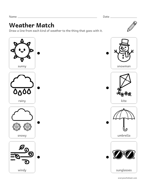 Preview of the printable “Weather matching worksheet for preschool” worksheet: matching kinds of weather to things we use in them