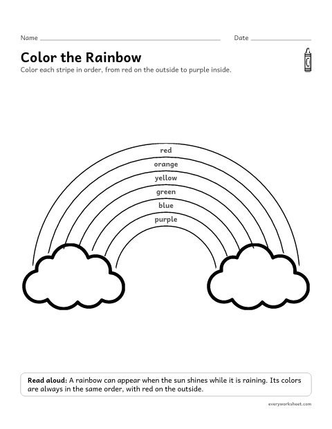 Preview of the printable “Rainbow coloring page for preschool” worksheet: naming the colors of a rainbow in order