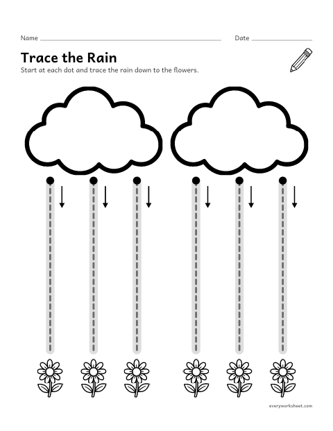 Preview of the printable “Trace the rain worksheet” worksheet: tracing straight lines from top to bottom; rain falls from clouds