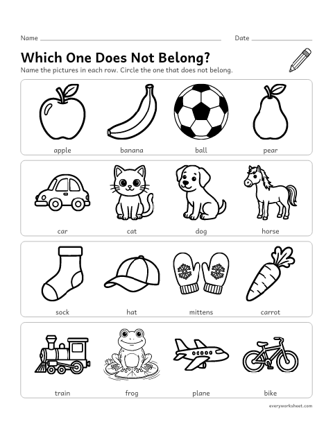 Preview of the printable “Which one does not Belong? preschool” worksheet: finding the one that does not belong in a group