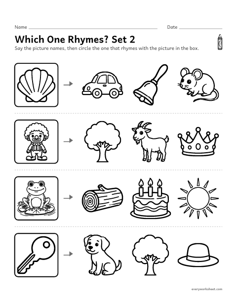 Preview of the printable “Which one Rhymes? set 2” worksheet: hearing which words rhyme