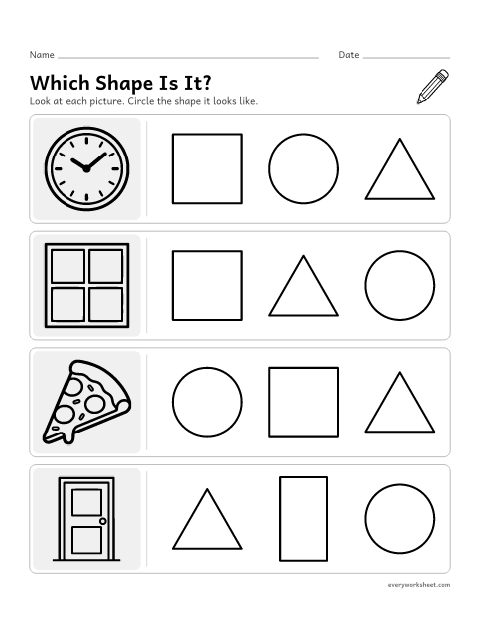 Preview of the printable “Which shape is It? circle the shape” worksheet: matching everyday things to their shapes