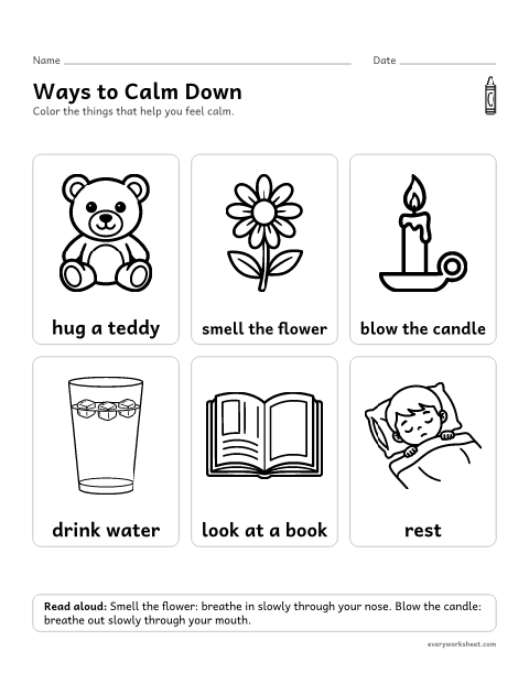 Preview of the printable “Calm down choices for preschool” worksheet: choosing ways to calm down