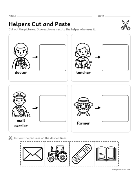 Preview of the printable “Community helpers cut and paste” worksheet: matching helpers to their tools