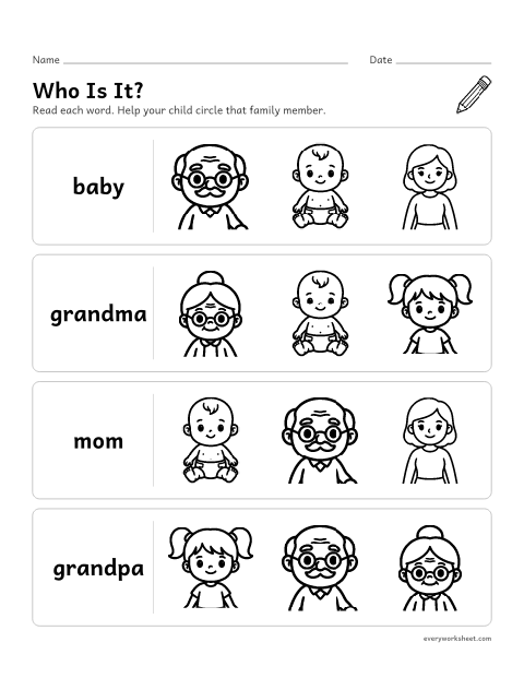 Preview of the printable “Family members Worksheet: circle the picture” worksheet: naming family members