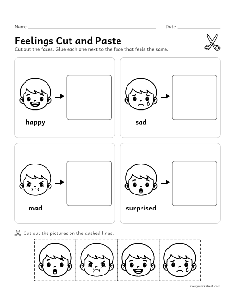 Preview of the printable “Feelings faces cut and paste” worksheet: matching faces that show the same feeling