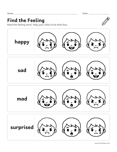 Preview of the printable “Find the Feeling: circle the face” worksheet: finding the face for a feeling word