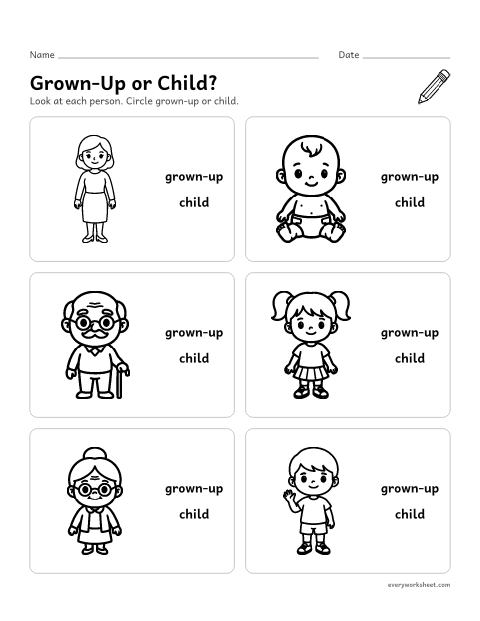 Preview of the printable “Grown-Ups and children sort” worksheet: sorting grown-ups and children