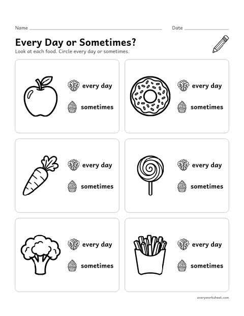 Preview of the printable “Healthy food sort for preschool” worksheet: sorting everyday foods and sometimes foods