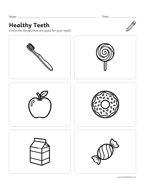 Preview of the printable “Healthy teeth worksheet for preschool” worksheet: knowing what keeps teeth healthy