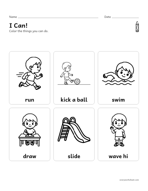 Preview of the printable “I Can! things I can do” worksheet: feeling proud of what I can do