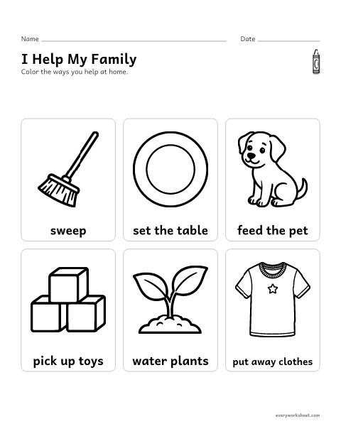Preview of the printable “I help my Family: chores for preschool” worksheet: helping my family at home